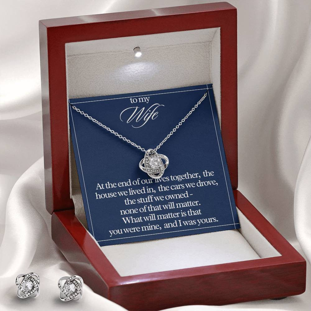"To My Wife" Love Knot Necklace & Earring Gift Set – Heartfelt Message Card for Her