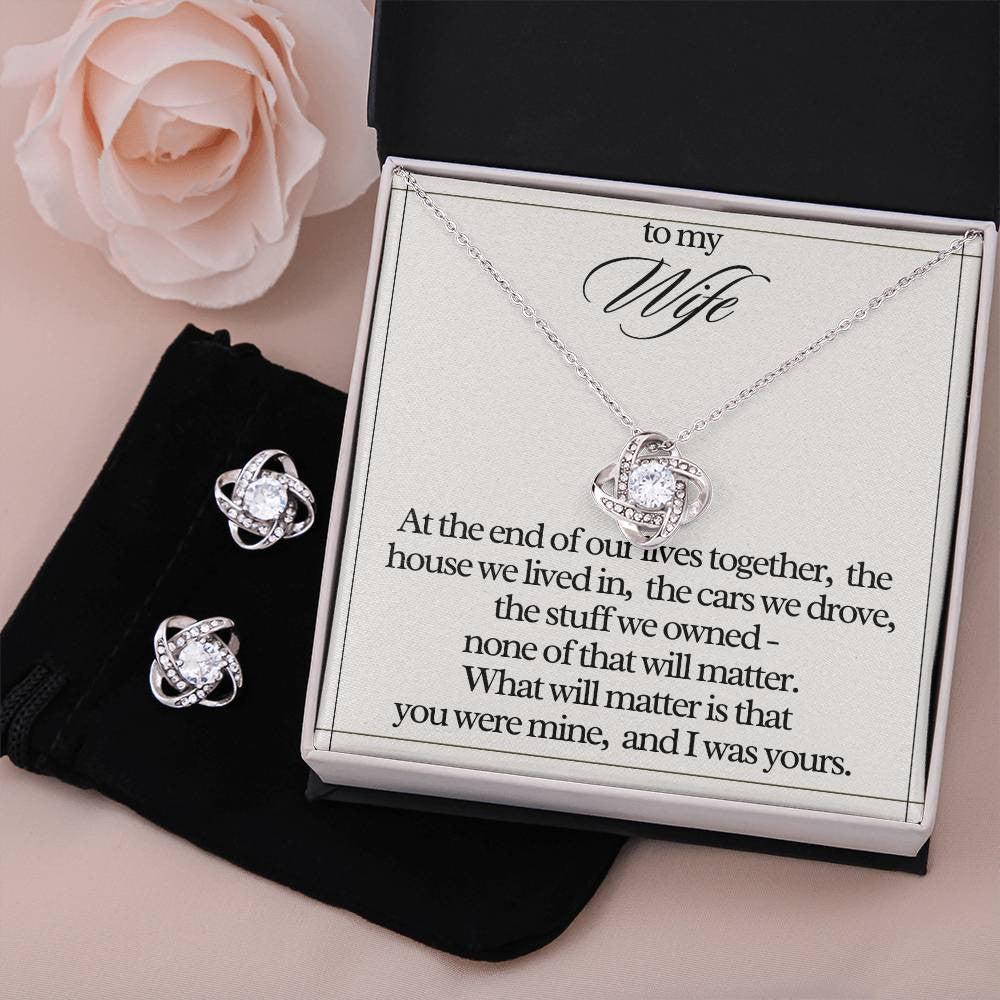 "To My Wife" Love Knot Necklace & Earring Gift Set – Heartfelt Message Card for Her