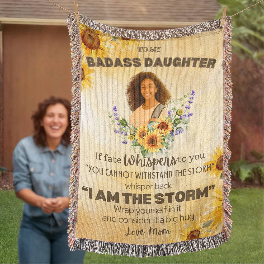 Personalized To My or Our Badass Daughter Blanket Love Dad, From Dad, Mom, Daughter Gift Inspirational Daughter Woven Blanket