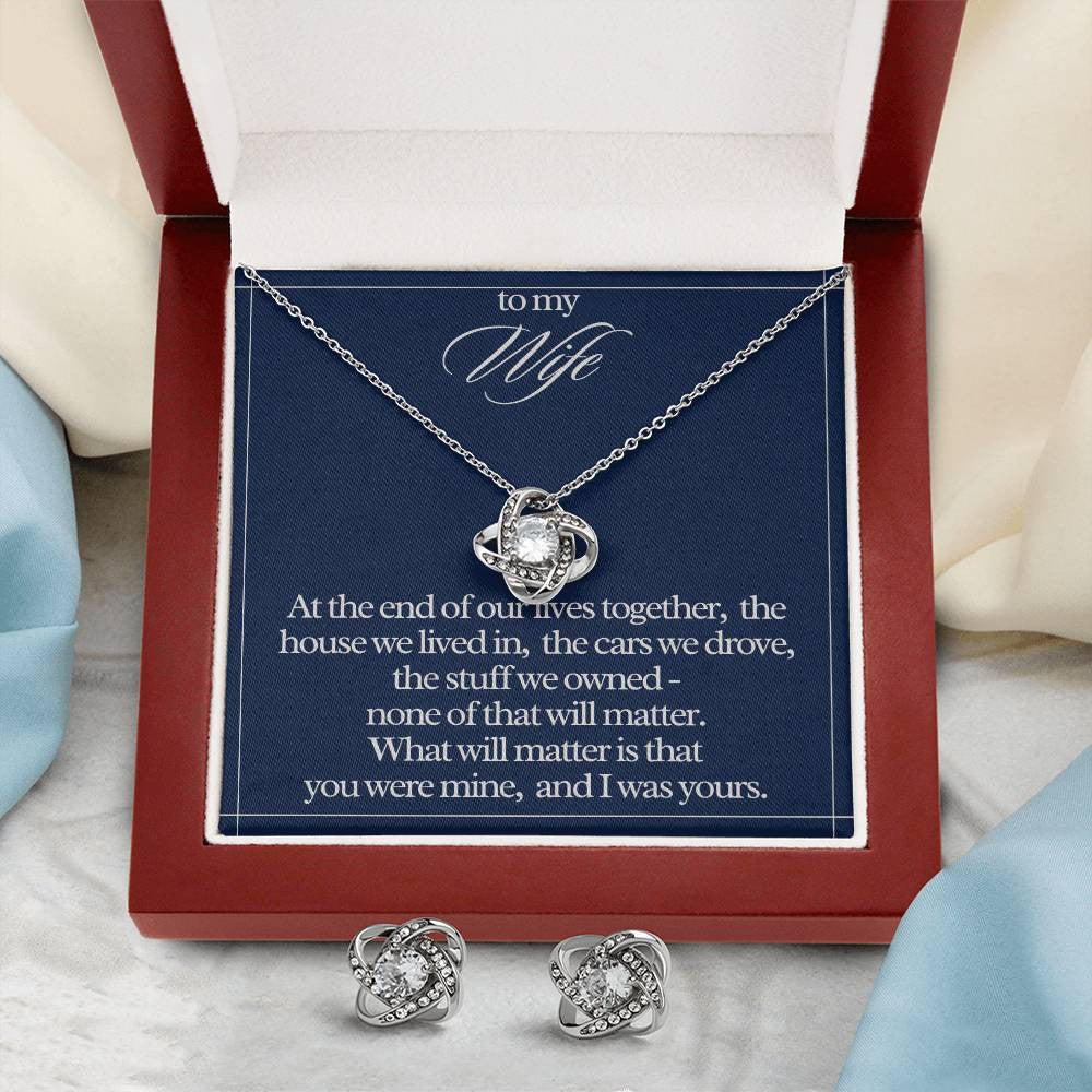 "To My Wife" Love Knot Necklace & Earring Gift Set – Heartfelt Message Card for Her
