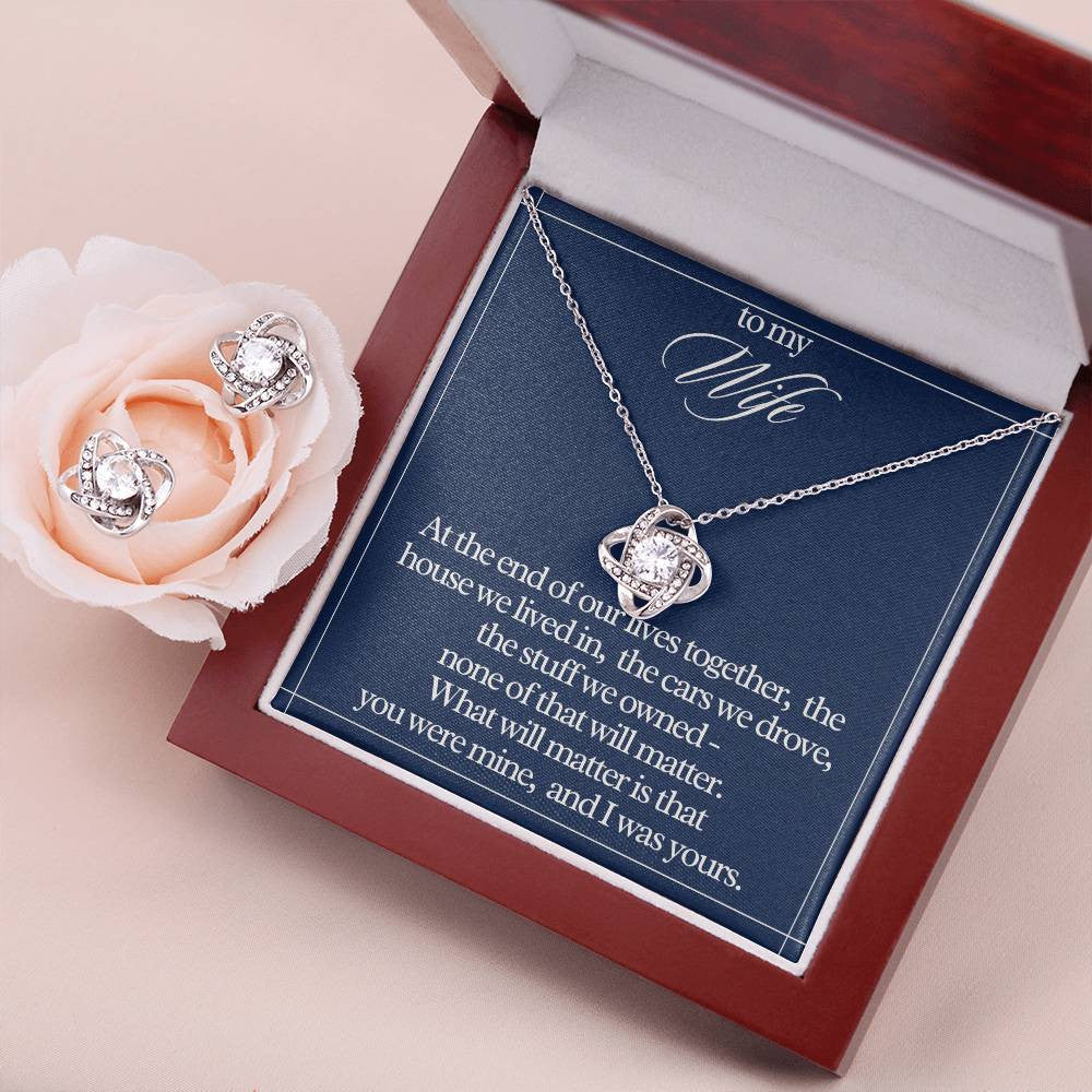 "To My Wife" Love Knot Necklace & Earring Gift Set – Heartfelt Message Card for Her