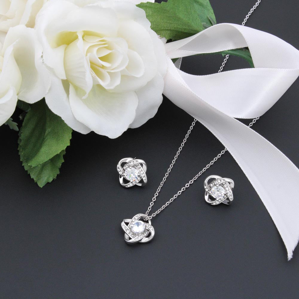 "To My Wife" Love Knot Necklace & Earring Gift Set – Heartfelt Message Card for Her
