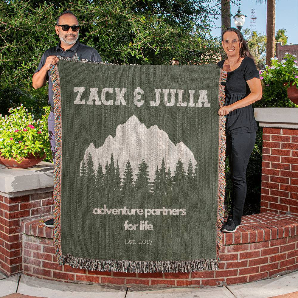 Personalized Mountains Adventure Couple Blanket, Anniversary Gift, Custom RV Camping Throw, Names Tapestry, Nature Lover Gift Woven Blanket