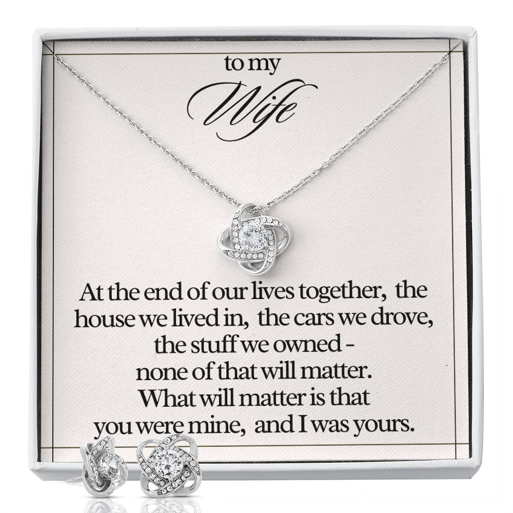 "To My Wife" Love Knot Necklace & Earring Gift Set – Heartfelt Message Card for Her