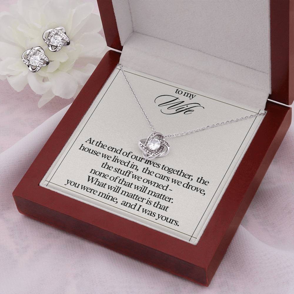 "To My Wife" Love Knot Necklace & Earring Gift Set – Heartfelt Message Card for Her