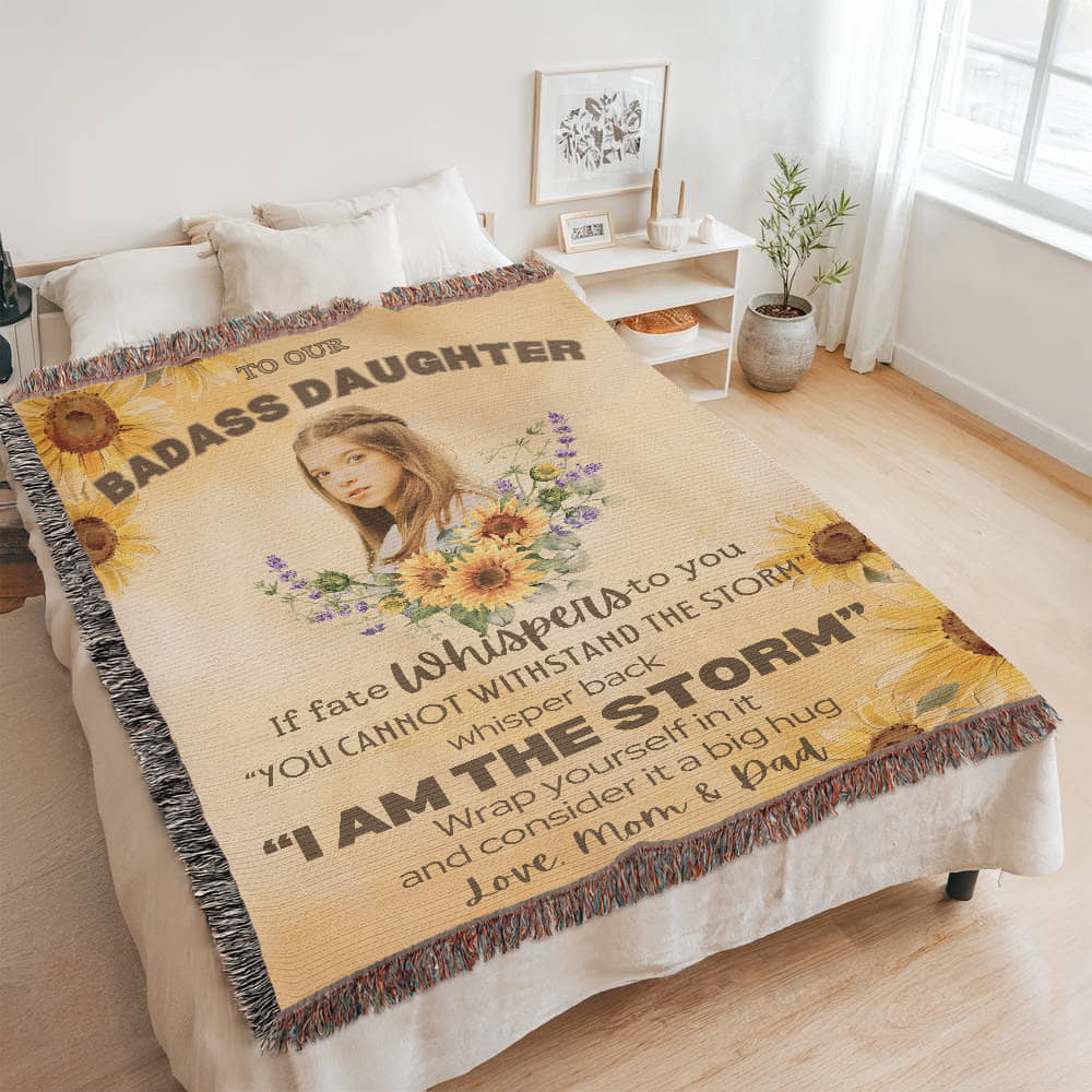 Personalized To My or Our Badass Daughter Blanket Love Dad, From Dad, Mom, Daughter Gift Inspirational Daughter Woven Blanket