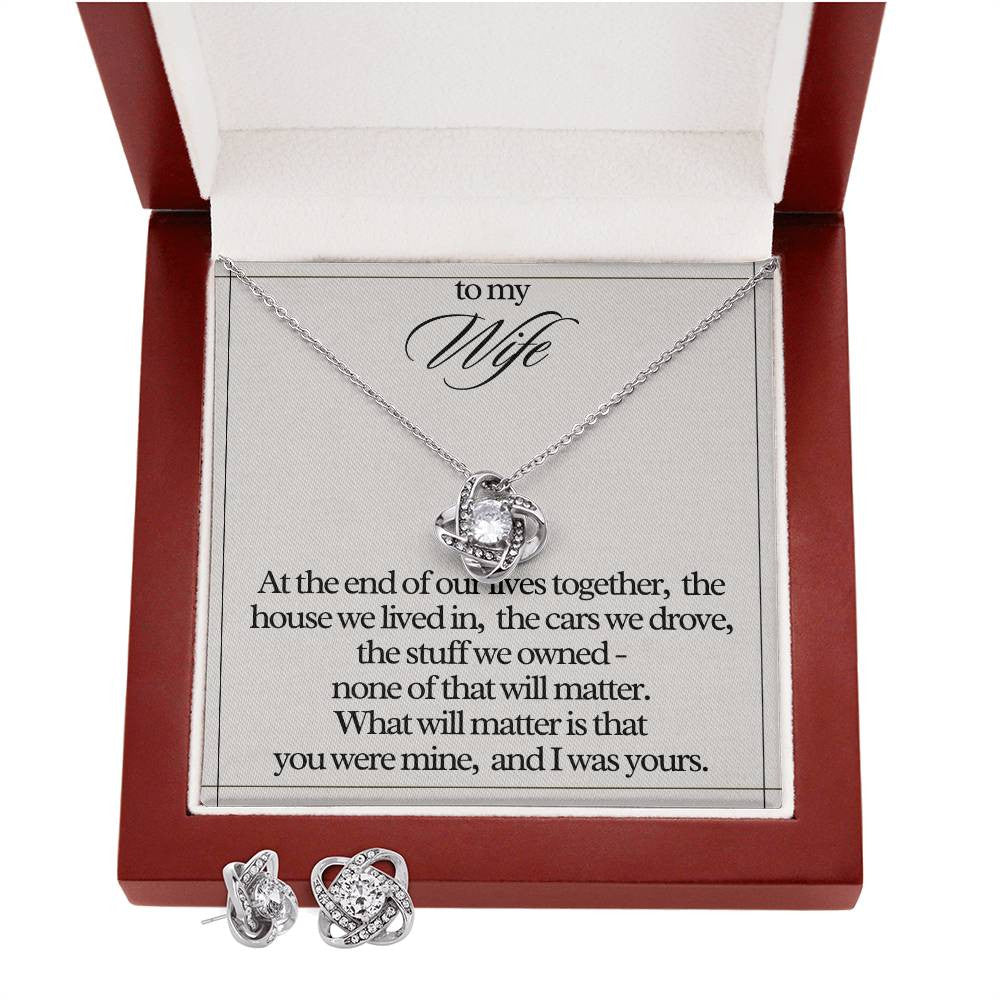 "To My Wife" Love Knot Necklace & Earring Gift Set – Heartfelt Message Card for Her