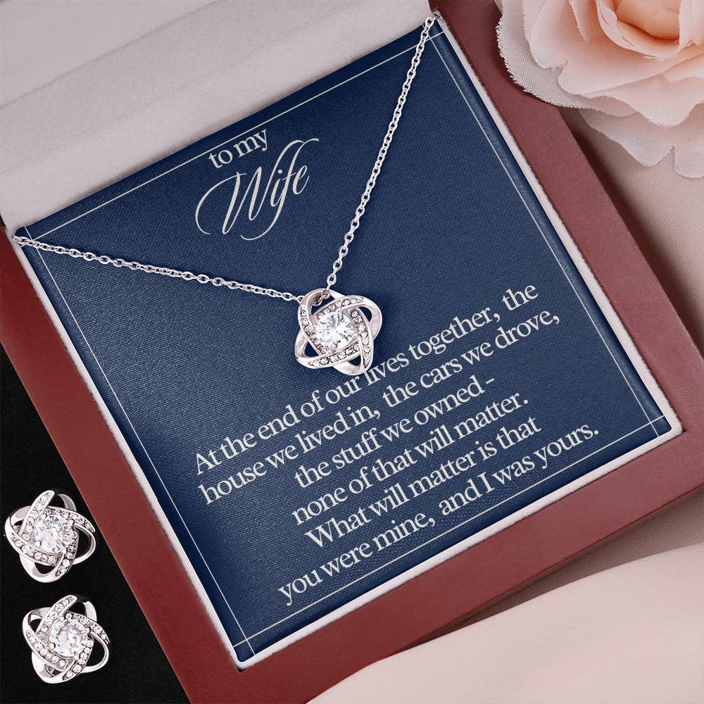"To My Wife" Love Knot Necklace & Earring Gift Set – Heartfelt Message Card for Her