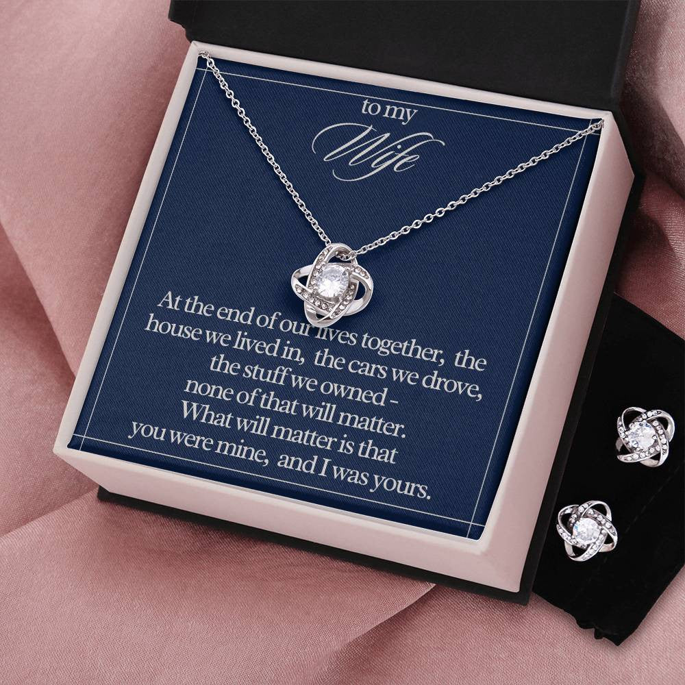 "To My Wife" Love Knot Necklace & Earring Gift Set – Heartfelt Message Card for Her