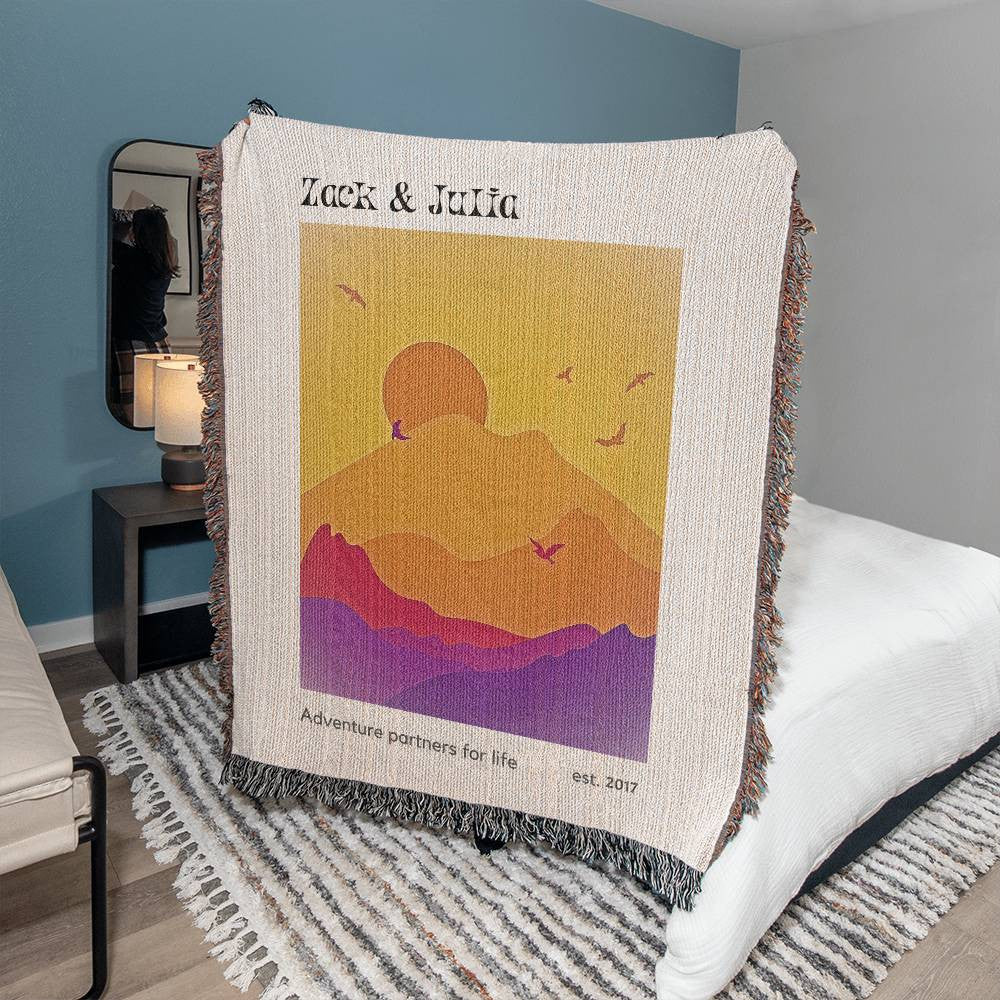 Personalized Adventure Couple Blanket, Anniversary Gift, Custom RV Camping Throw, Names Tapestry, Nature Lover Gift Woven Blanket