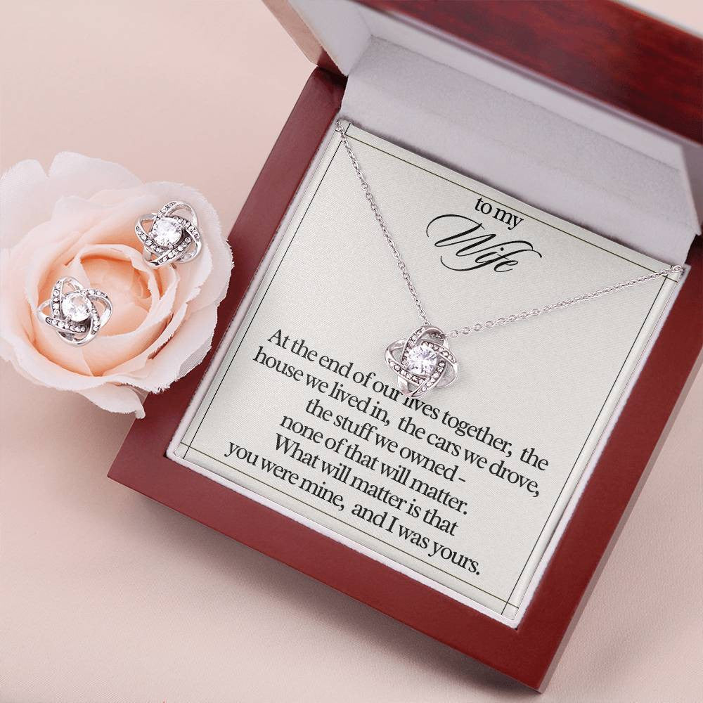 "To My Wife" Love Knot Necklace & Earring Gift Set – Heartfelt Message Card for Her