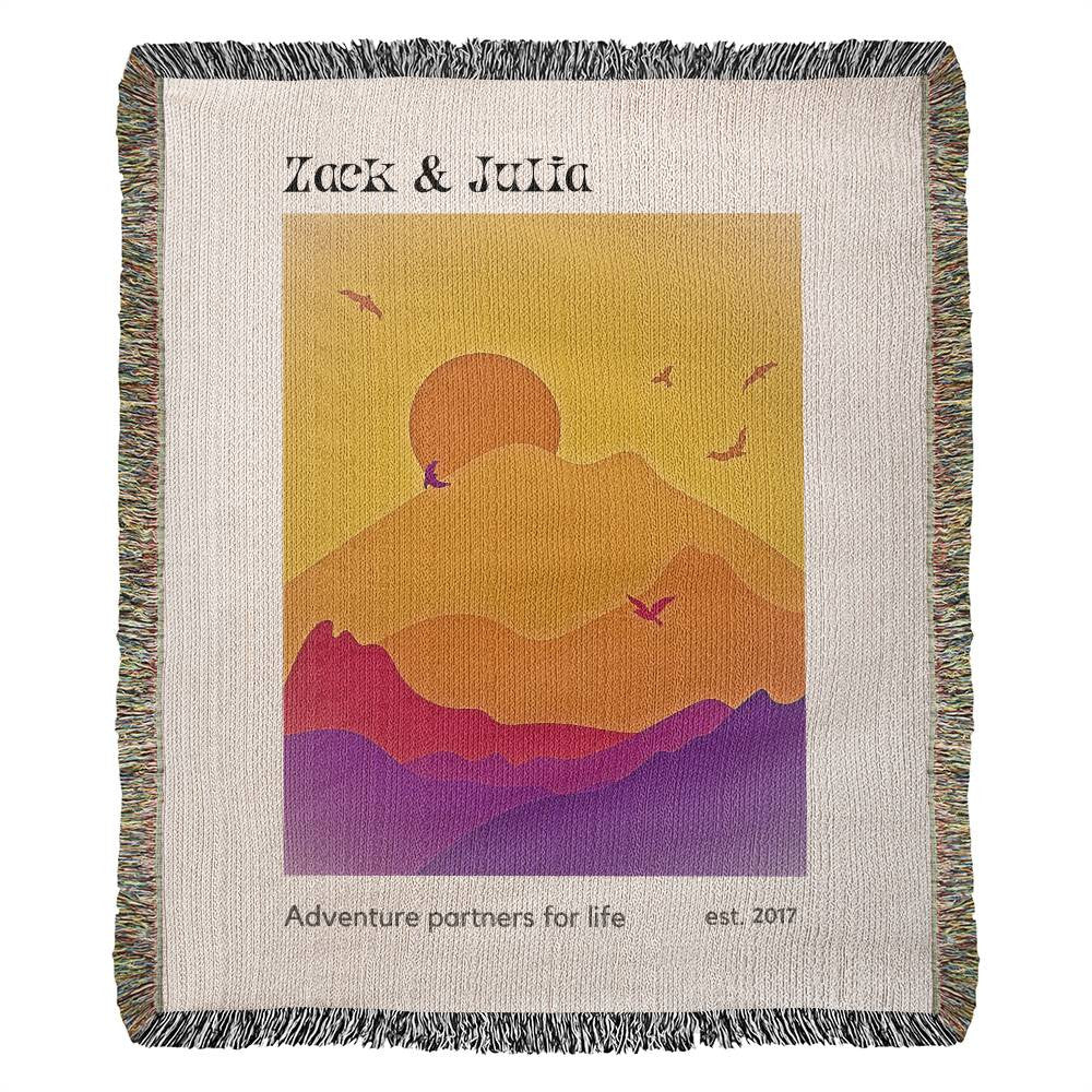 Personalized Adventure Couple Blanket, Anniversary Gift, Custom RV Camping Throw, Names Tapestry, Nature Lover Gift Woven Blanket