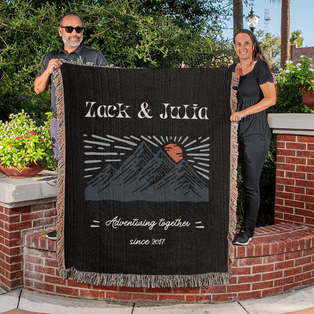 Personalized Vintage Adventure Couple Blanket, Anniversary Gift, Custom RV Camping Throw, Names Tapestry, Nature Lover Gift Woven Blanket