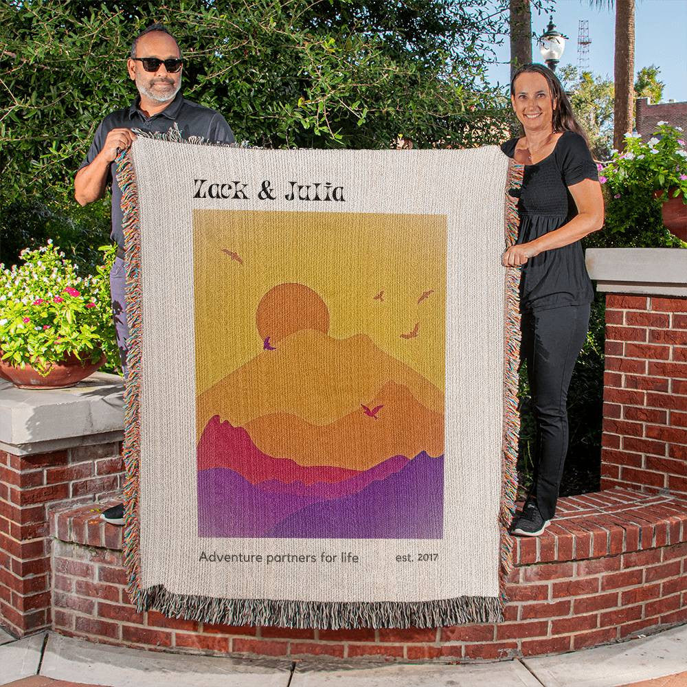 Personalized Adventure Couple Blanket, Anniversary Gift, Custom RV Camping Throw, Names Tapestry, Nature Lover Gift Woven Blanket