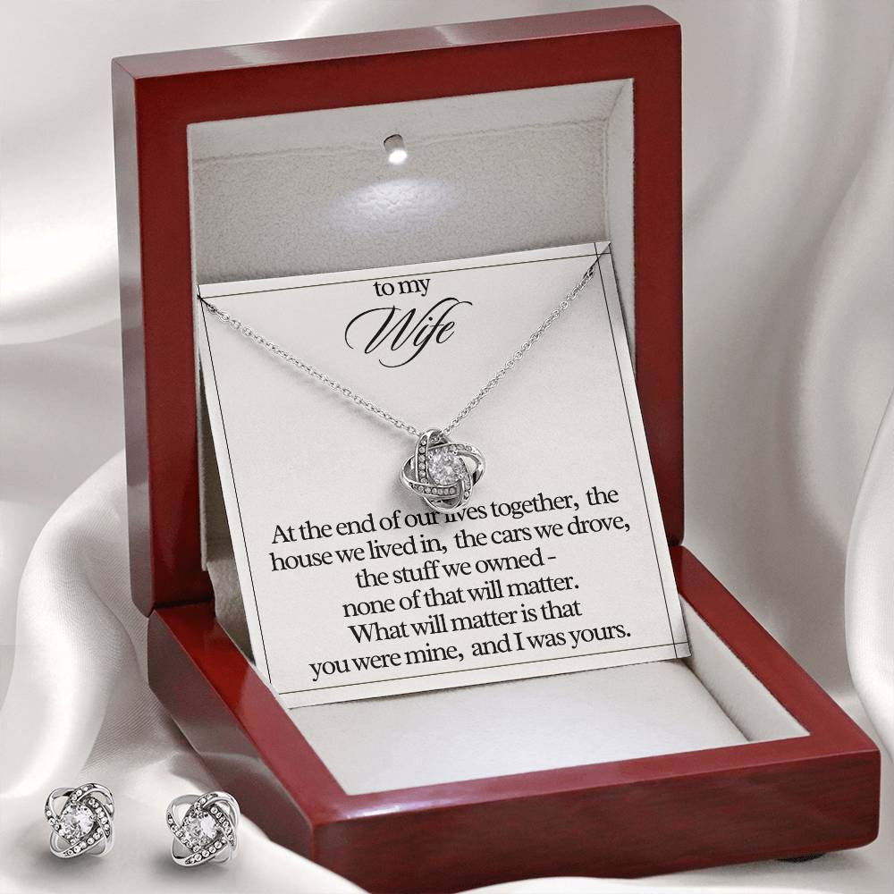 "To My Wife" Love Knot Necklace & Earring Gift Set – Heartfelt Message Card for Her