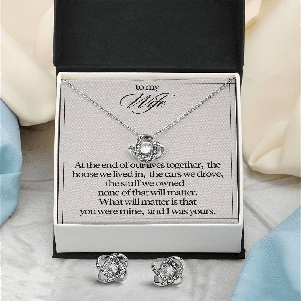 "To My Wife" Love Knot Necklace & Earring Gift Set – Heartfelt Message Card for Her