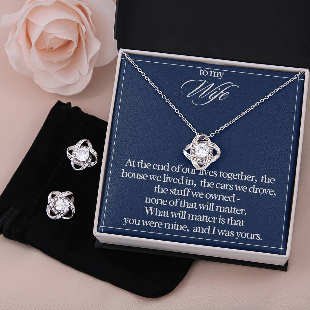 "To My Wife" Love Knot Necklace & Earring Gift Set – Heartfelt Message Card for Her