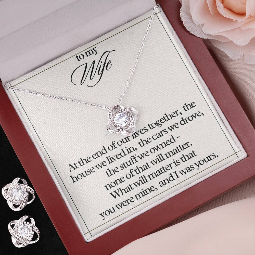 "To My Wife" Love Knot Necklace & Earring Gift Set – Heartfelt Message Card for Her