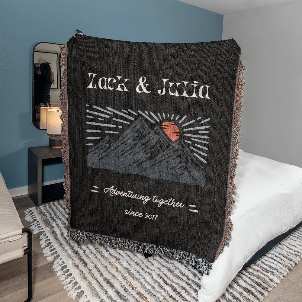 Personalized Vintage Adventure Couple Blanket, Anniversary Gift, Custom RV Camping Throw, Names Tapestry, Nature Lover Gift Woven Blanket