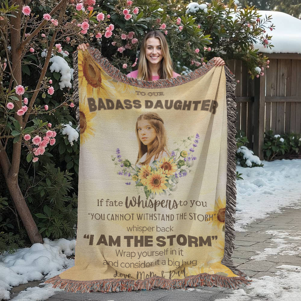 Personalized To My or Our Badass Daughter Blanket Love Dad, From Dad, Mom, Daughter Gift Inspirational Daughter Woven Blanket