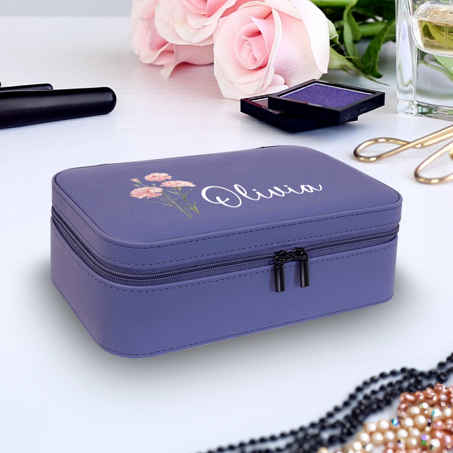 Birth Flower Jewelry Travel Case, Birth Month Flower Gift, Personalized Birthday Gift, Leather Jewelry Travel Case, Custom Jewelry Case