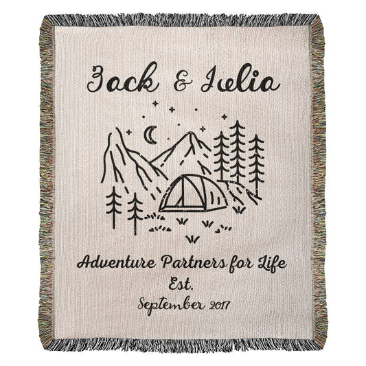 Hiking Couple Blanket Personalized Adventure Couple Blanket, Anniversary Gift, Custom RV Camping Throw, Names Tapestry, Nature Lover Gift Woven Blanket