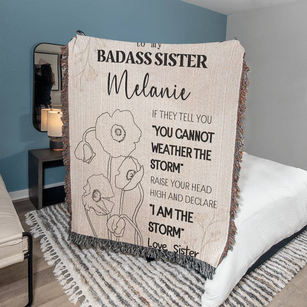 Personalized to my Badass Sister Gift Name Birth Flower Heirloom Woven Blanket Gift for Her High Quality Cotton Gift for Christmas, Birthday