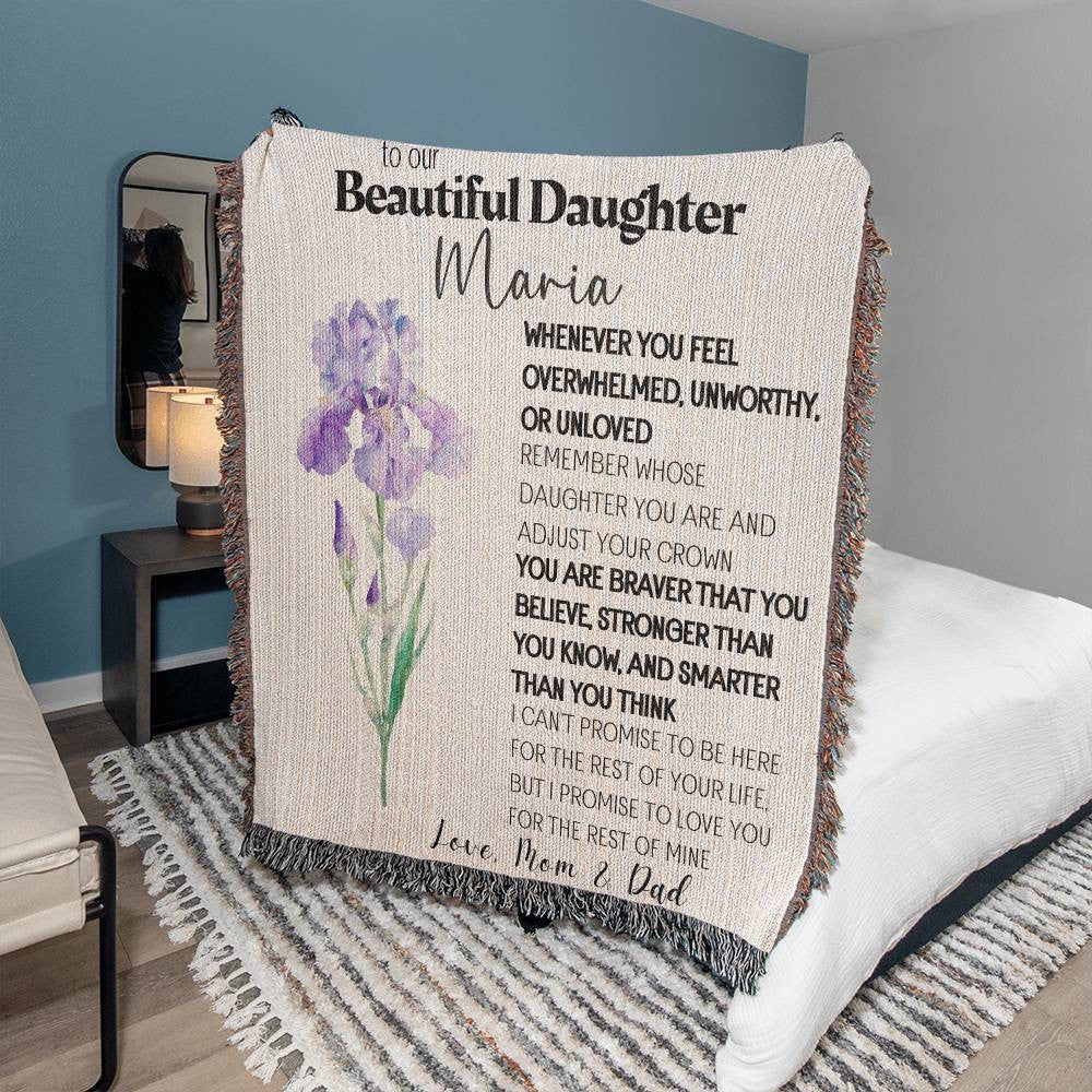 Personalized To My Beautiful Daughter Blanket From Dad, Mom, Birth flower Daughter Gift Woven Blanket Inspirational Daughter Blanket