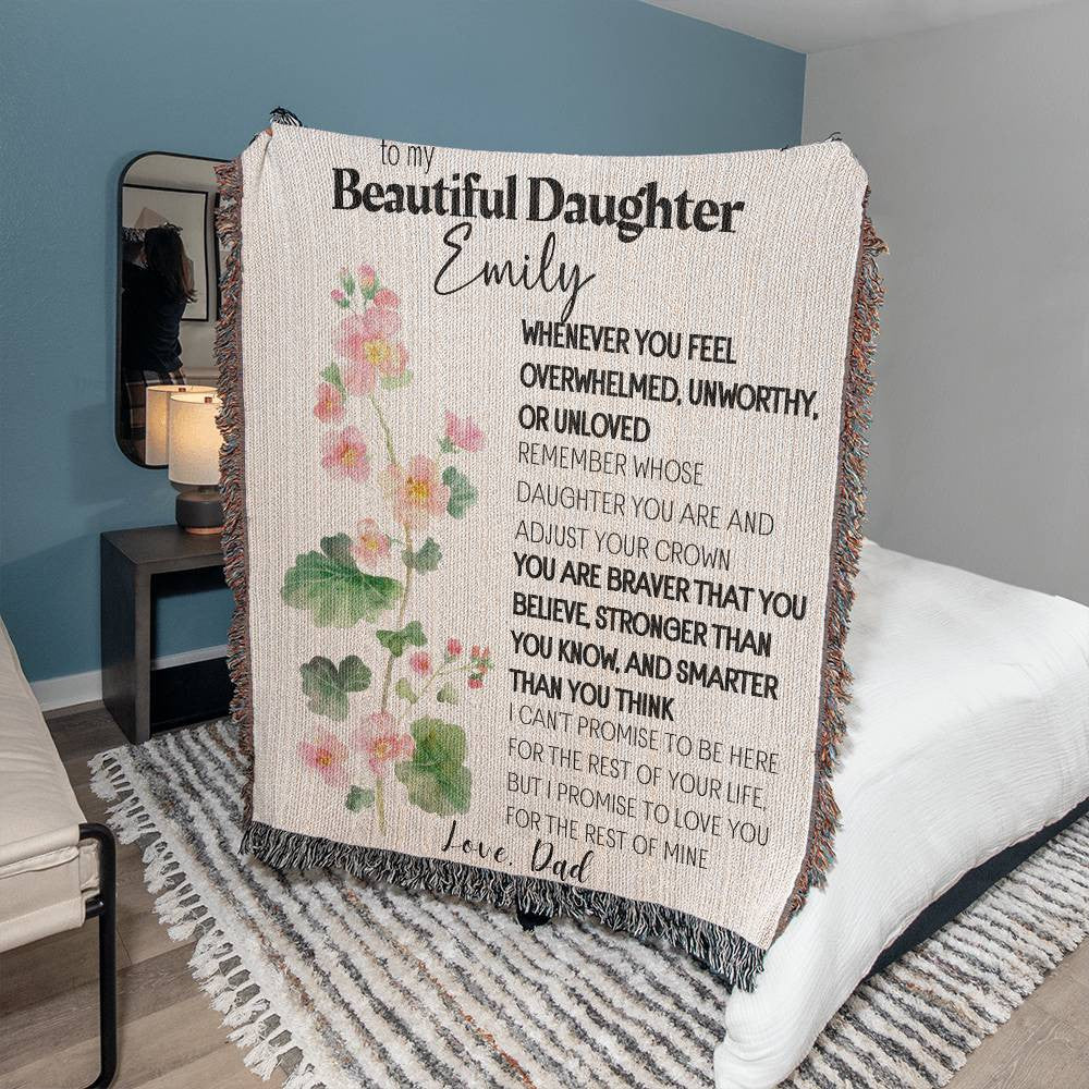 Personalized To My Beautiful Daughter Blanket From Dad, Mom, Birth flower Daughter Gift Woven Blanket Inspirational Daughter Blanket