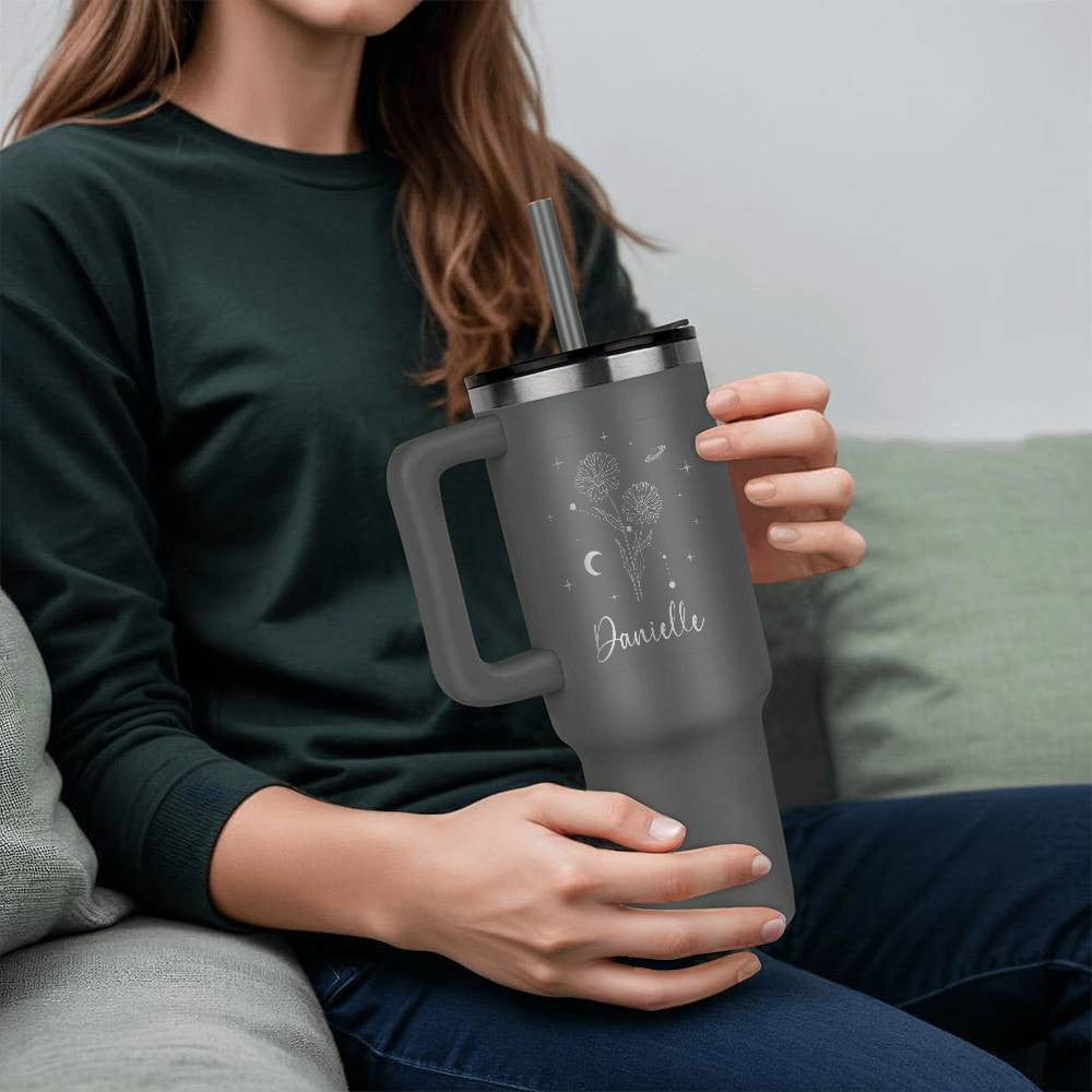 Personalized 40oz Engraved Tumbler, Custom Celestial Birth Flower Name Travel Mug, Stainless Steel Cup Bridesmaid Tumbler, Travel Coffee Mug