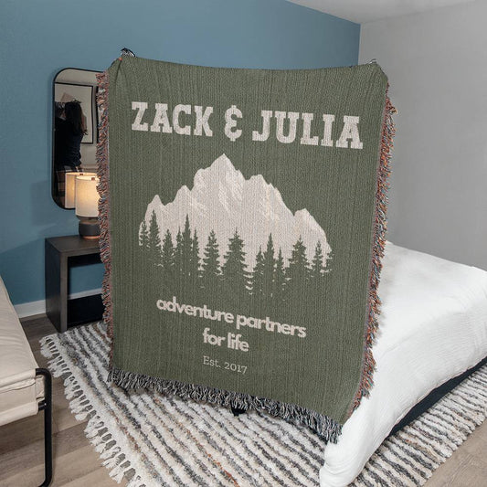 Personalized Mountains Adventure Couple Blanket, Anniversary Gift, Custom RV Camping Throw, Names Tapestry, Nature Lover Gift Woven Blanket