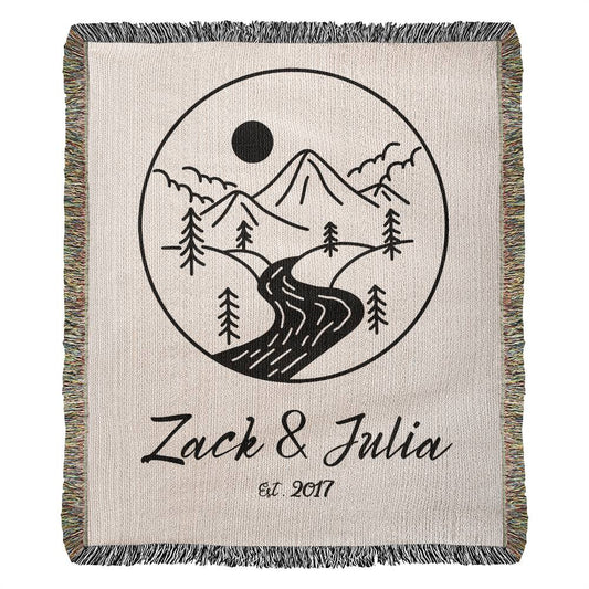 Personalized Adventure Couple Blanket, Anniversary Gift, Custom RV Camping Throw, Names Tapestry, Nature Lover Gift Woven Blanket