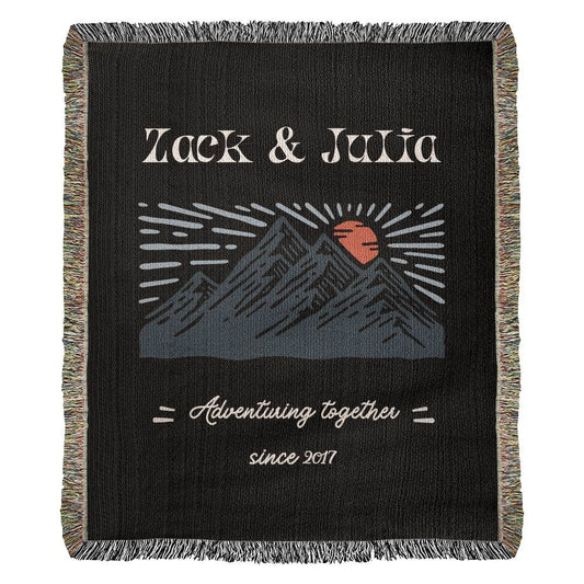 Personalized Vintage Adventure Couple Blanket, Anniversary Gift, Custom RV Camping Throw, Names Tapestry, Nature Lover Gift Woven Blanket