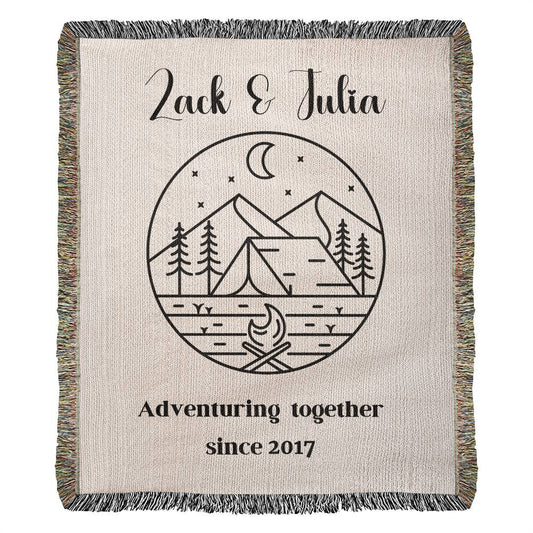 Personalized Adventure Couple Blanket, Anniversary Gift, Custom RV Camping Throw, Names Tapestry, Nature Lover Gift Woven Blanket