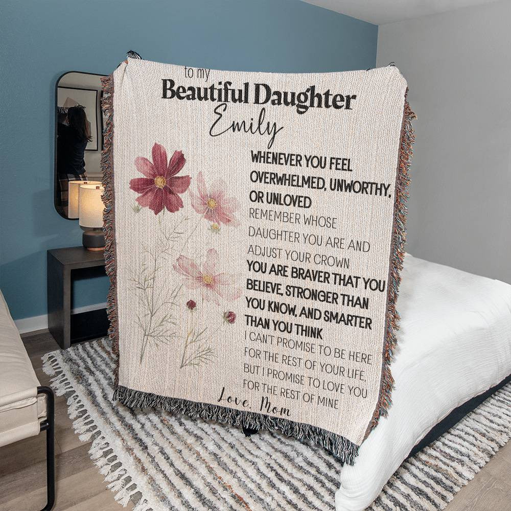 Personalized To My Beautiful Daughter Blanket From Dad, Mom, Birth flower Daughter Gift Woven Blanket Inspirational Daughter Blanket