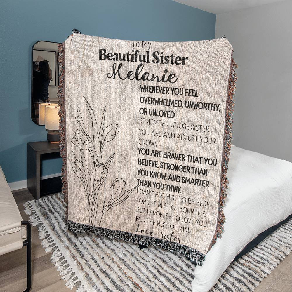 Personalized to my Badass Sister Gift Name Birth Flower Heirloom Woven Blanket Gift for Her High Quality Cotton Gift for Christmas, Birthday